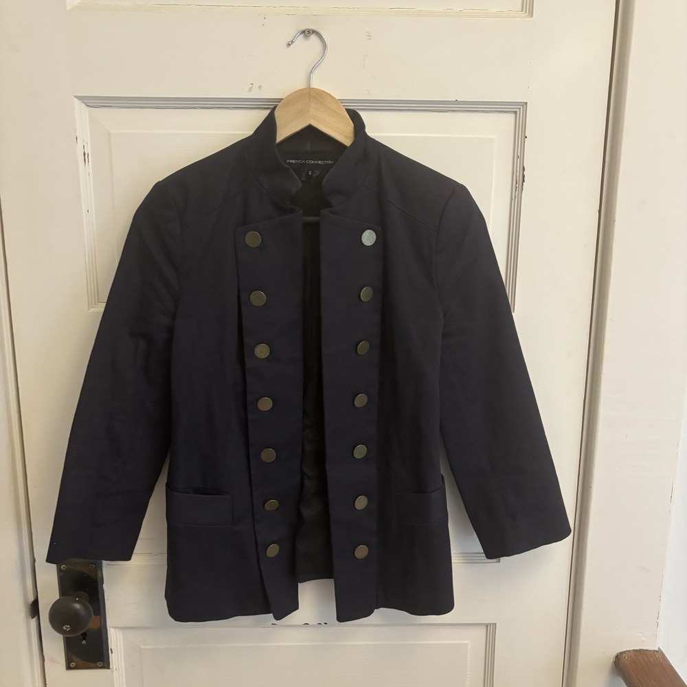 French Connection Women's Navy Blue Cotton Military Blazer Jacket Size 6
